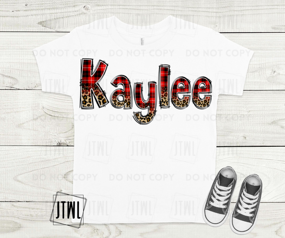 Custom Red Plaid + Leopard Name Tee- Infant/ Toddler/ Youth